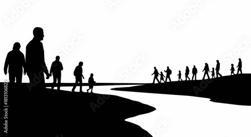 Silhouettes of people walking along a riverbank, representing migration and journey.