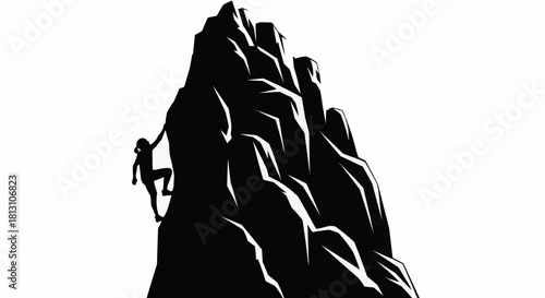 Silhouette of a person climbing a steep rocky mountain peak.