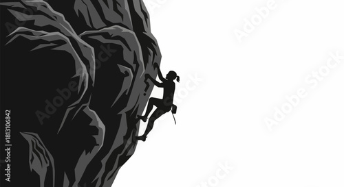Silhouette of a determined female rock climber scaling a steep cliff face.