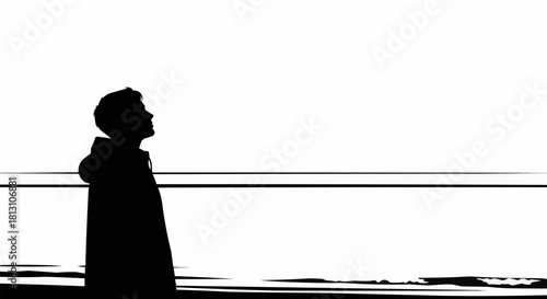 Black and white silhouette of a person looking upwards.