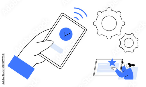 Hand holding smartphone with checkmark, gears representing app configuration, person interacting with tablet. Ideal for technology, app usage, productivity, settings, digital tools, user interface