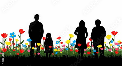 Family silhouette standing together in a vibrant flower garden enjoying the day.