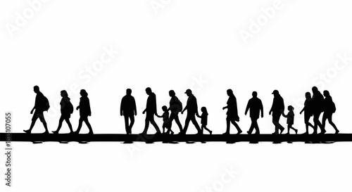 Black silhouettes of a large crowd of people walking in a long line.