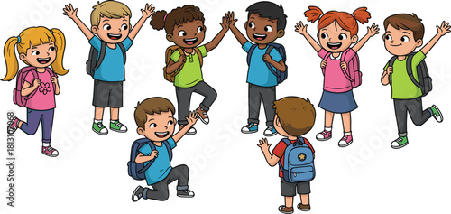 Cartoon children greeting friends, joyful school reunion, backpacks on, happy kids, playful moment, friendship circle, casual clothing, cheerful expressions, start of school day, bonding