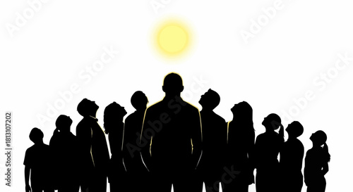 Silhouetted figures gaze upwards at a bright celestial orb in unison.