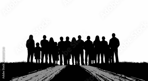 Silhouette of a large group of diverse people standing together.