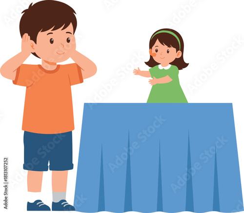 Cartoon children illustration, playful kids clipart, boy and girl vector, hide and seek moment, fun interaction, indoor activity, childhood emotions, colorful drawing