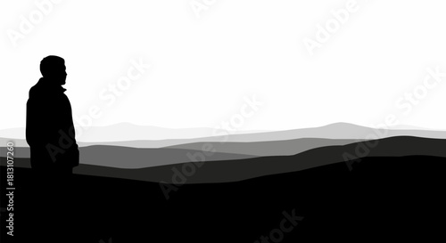 Silhouette of a person standing alone in a vast landscape.