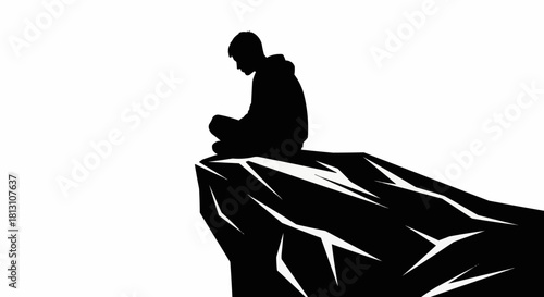 Silhouette of a person sitting on a cliff edge in deep thought.