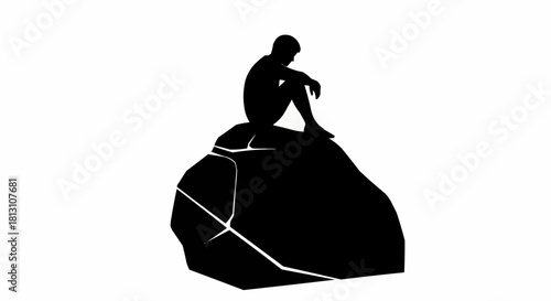 Silhouette of a person sitting on a rock looking down.