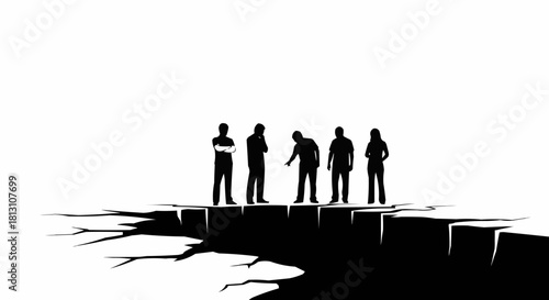 Silhouetted Figures Contemplate a Chasm - A Metaphor for Challenges.