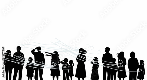 Silhouetted figures entangled in string, symbolizing societal constraints and interconnectedness.