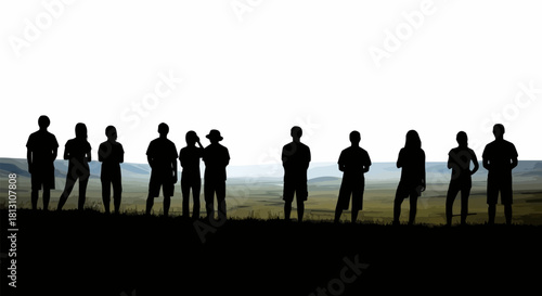 Silhouetted group of people standing together, observing the landscape.