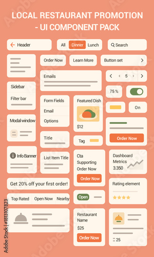 Restaurant promotion UI pack featuring menu cards, buttons, ratings, banners, filters and food app elements designed for clean, modern mobile and web interface layouts.