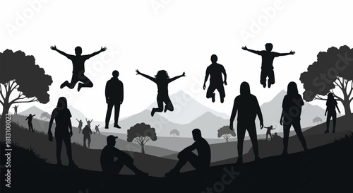 Diverse group of people enjoying outdoor activities and freedom.