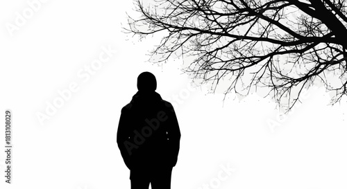 Silhouette of a Person Contemplating Under a Bare Tree.
