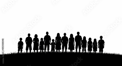 Black silhouette of a large group of people standing together on a hill.