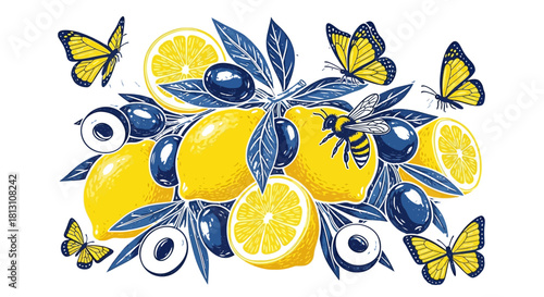 fresh yellow lemons blue berries and leaves with butterflies and a bee a vibrant nature illustration for spring and summer designs.