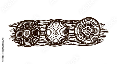 detailed hand drawn wood log cross sections displaying intricate annual growth rings perfect for illustrating natural textures and organic patterns