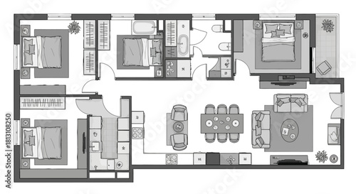 monochrome apartment floor plan detailing interior design and furniture layout ideal for architectural and real estate visualization.
