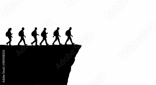 Silhouette of people walking towards the edge of a cliff.
