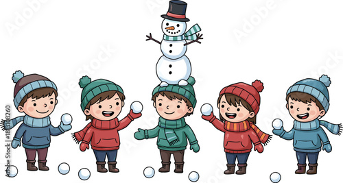 Cartoon children playing in snow, winter clothing, snowballs fun, cheerful scene, happy faces, snowman character, outdoor activity, seasonal joy, friendship moment, colorful illustration