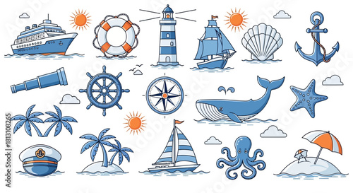 nautical maritime travel illustrations depicting cruise ship lighthouse anchor whale tropical island for summer vacation themes.