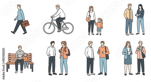 simple line art of diverse people in everyday urban life showing commuting social interaction leisure perfect for modern concepts.