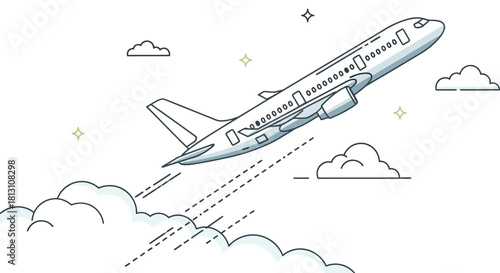 passenger airplane illustration ascending into a clear sky above fluffy clouds symbolizing successful modern air travel and global journeys.