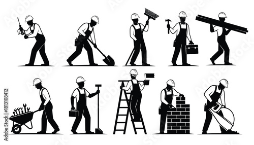 Collection of black and white silhouette icons depicting construction worker activities and various tools
