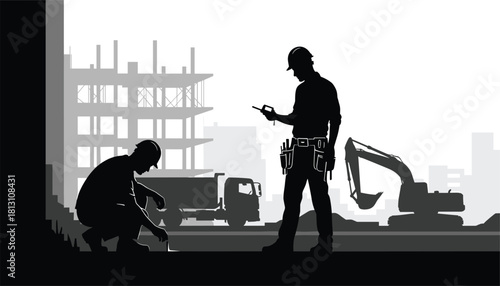 Silhouette of construction workers supervising heavy machinery and building structure development at a worksite during daytime, symbolizing engineering and labor
