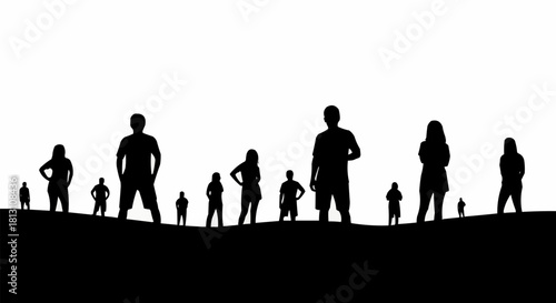 Silhouettes of diverse people standing on a horizon against a white background.