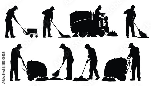 Collection of silhouette icons depicting various street cleaning activities including manual sweeping and operation of rideon and walkbehind floor sweeper machine