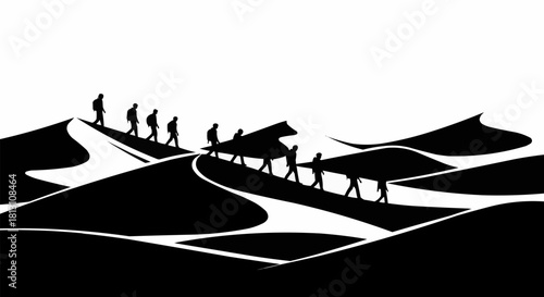 Silhouette of a caravan with people and camels crossing desert dunes.