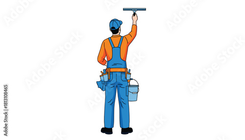 Illustration of a male window cleaner wearing blue overalls and cap, seen from behind, using a squeegee on a high window