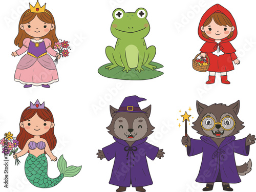Cartoon fairy tale characters illustration, princess, mermaid, frog, wolf, magical costume theme, fantasy story scene, children’s book concept, colorful creative artwork, storytelling icons