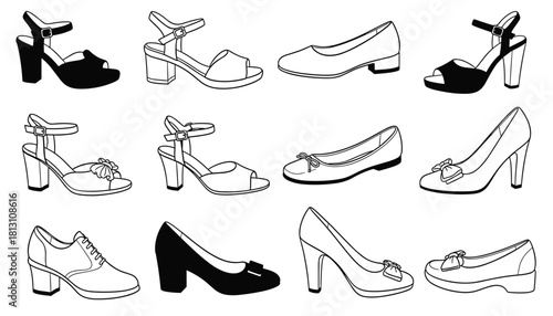 Collection of twelve different womens shoe styles including sandals, pumps, and flats