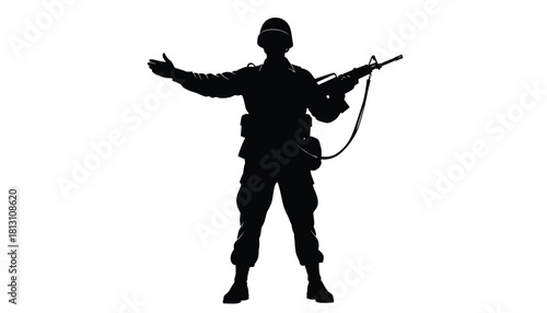 Silhouette of a soldier in full gear holding a rifle and signaling with an outstretched arm