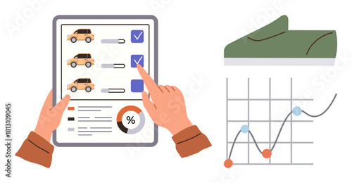 Hands selecting car options on a checklist with a percentage indicator, shoe icon for travel, and data graph tracking performance. Ideal for analysis, decision-making, travel, efficiency, business