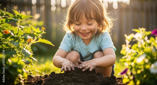 Wallpaper Mural Happy cute child playing with soil in garden on sunny day Torontodigital.ca