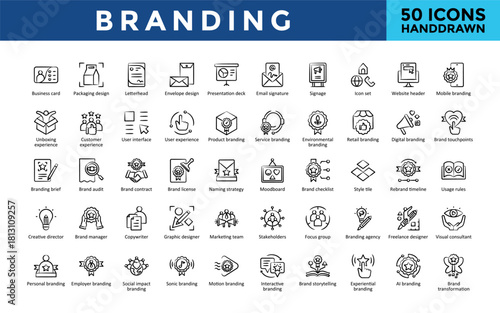 Branding icons set with business card, packaging design, letterhead, envelope design, presentation deck , email signature icon. Simple hand drawn vector 
