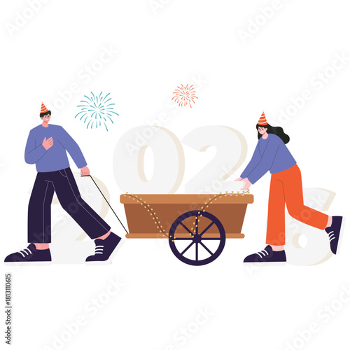New Year 2026 Illustration. Vector illustration of Party hat couple moves a lighted wagon in front of giant 2026 numbers with fireworks. Isolated on background