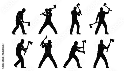 Set of eight black silhouette icons depicting a lumberjack or woodsman swinging an axe in various stages of the chopping motion