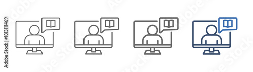 
outline icon set story telling with computer, people, conversation and book design