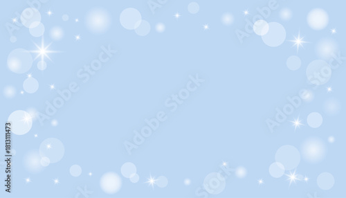Blue winter bokeh background design with blurred lights, holiday sparkles and place for text in the center. Merry Christmas and Happy New Year. Copy space. Place for text. Vector illustration