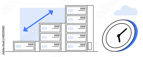 Stacked buildings increase in size with an upward arrow representing growth. Clock conveys time management and efficiency. Ideal for business growth, productivity, time management, scaling