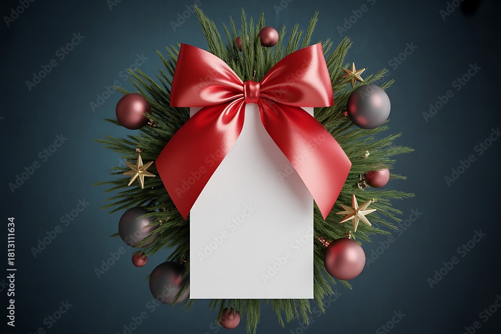 Obraz premium Festive Christmas Card Mockup with Red Bow and Holiday Wreath
