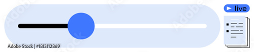 Horizontal slider with blue knob, live label, and document thumbnail. Ideal for sound control, customization, interface design, media settings, streaming, UX navigation simple flat metaphor