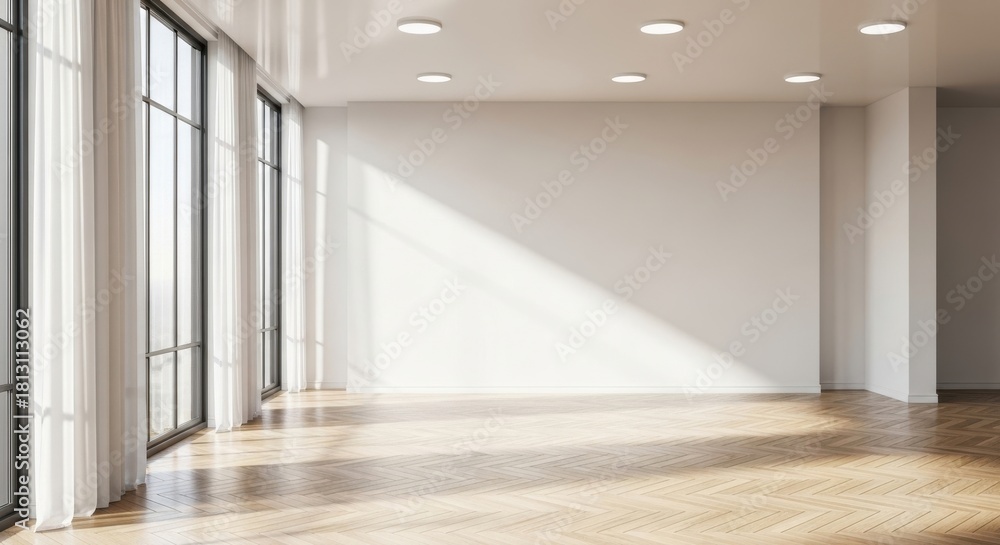 Fototapeta premium Empty bright room with large windows and wooden herringbone floor