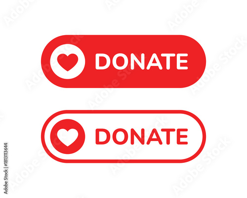 Donate button help icon. Donate web button. Red button with red heart symbol. Vector illustration